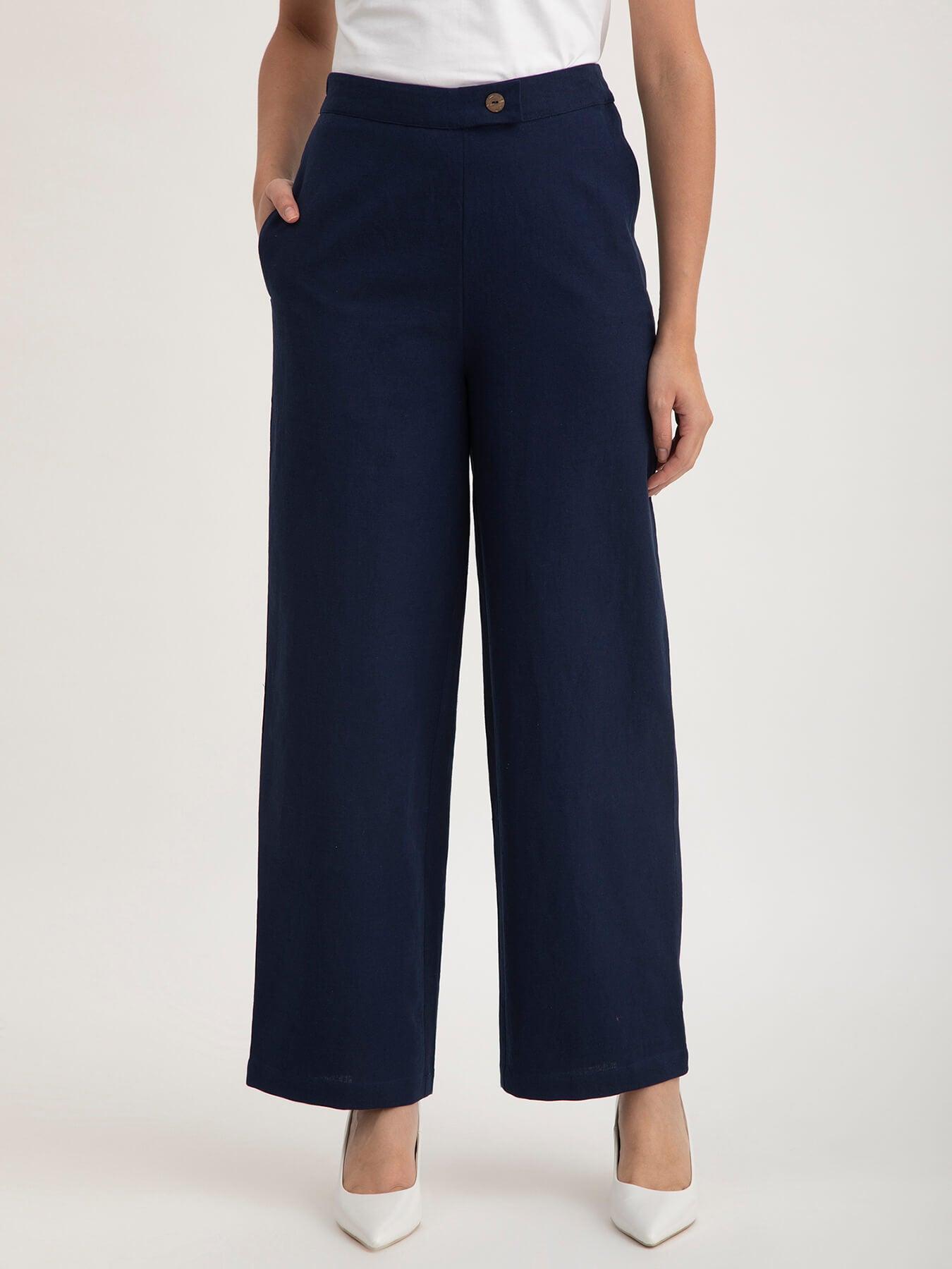 Linen Elasticated Wide Leg Trouser - Navy Blue| Formal Trousers