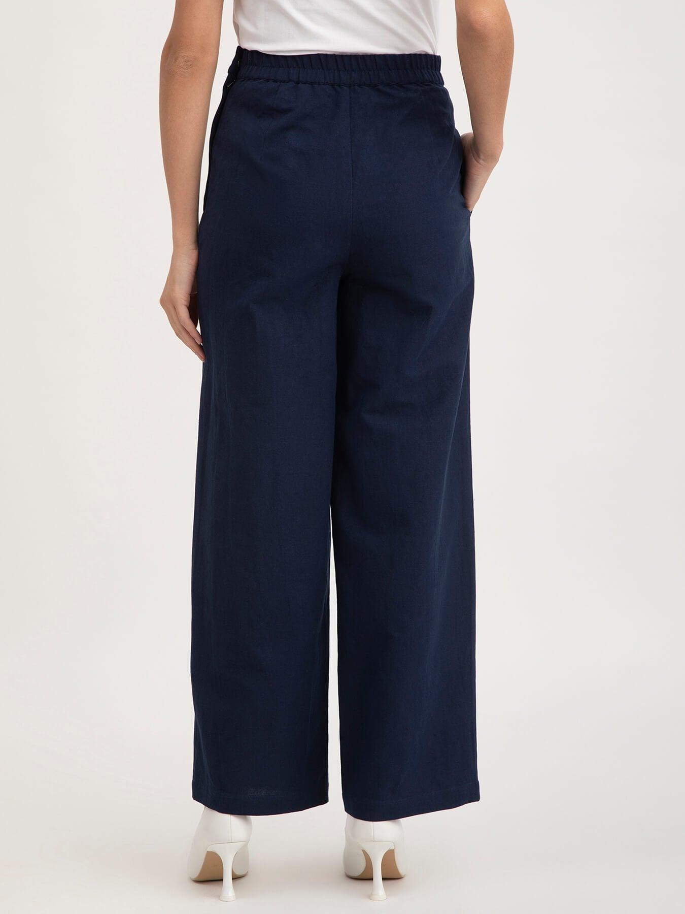 Linen Elasticated Wide Leg Trouser - Navy Blue| Formal Trousers