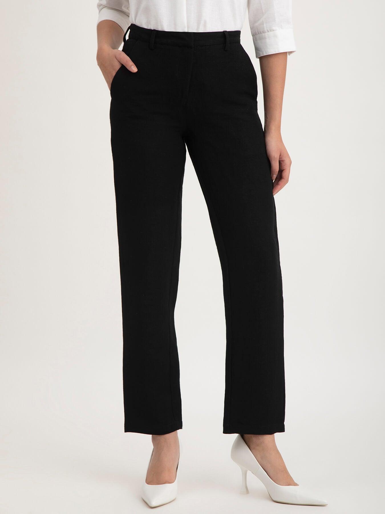 Linen Elasticated Straight Trouser - Black| Formal Trousers
