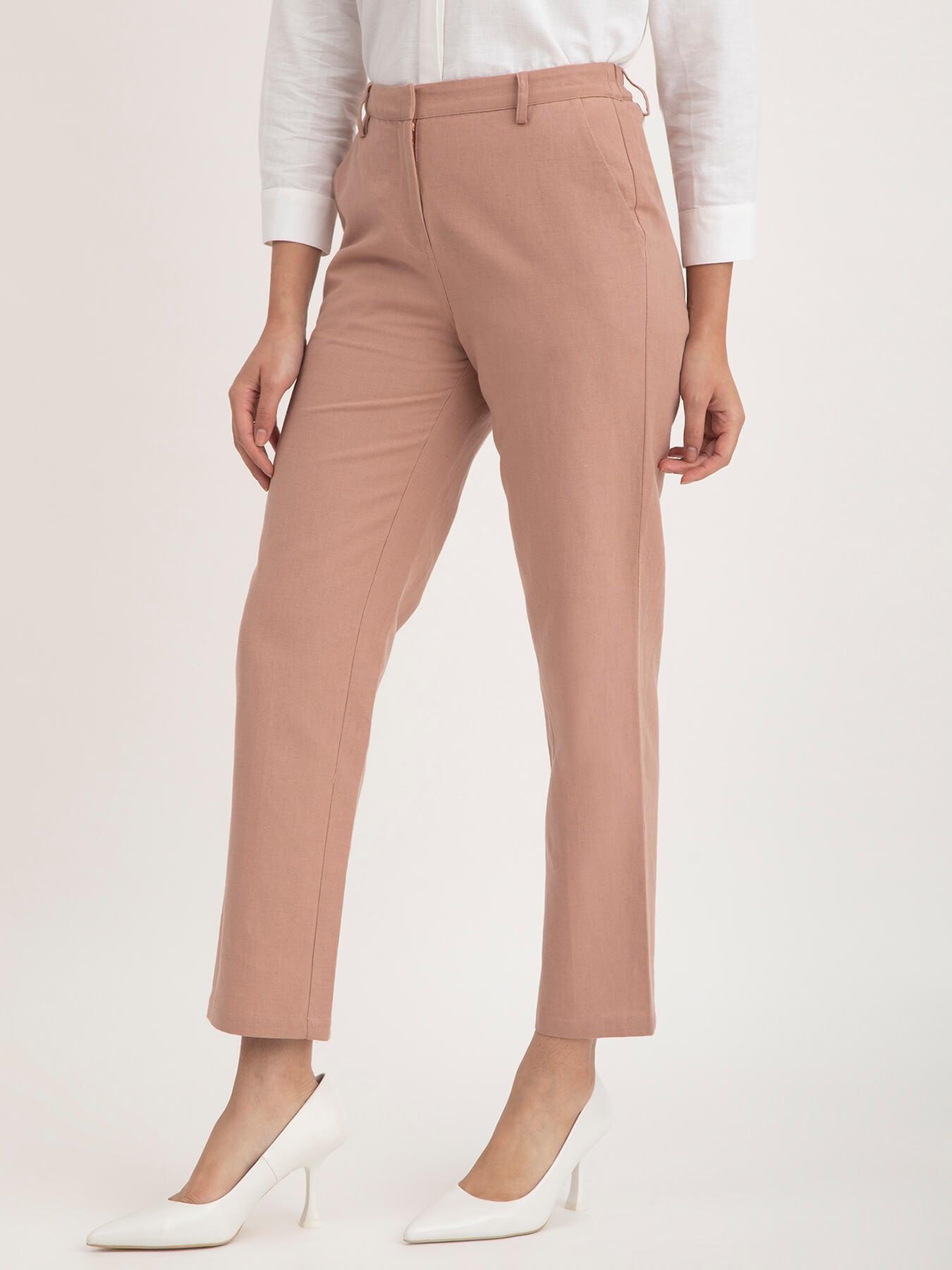 Linen Elasticated Straight Fit Pants - Dusty Pink| Formal Trousers