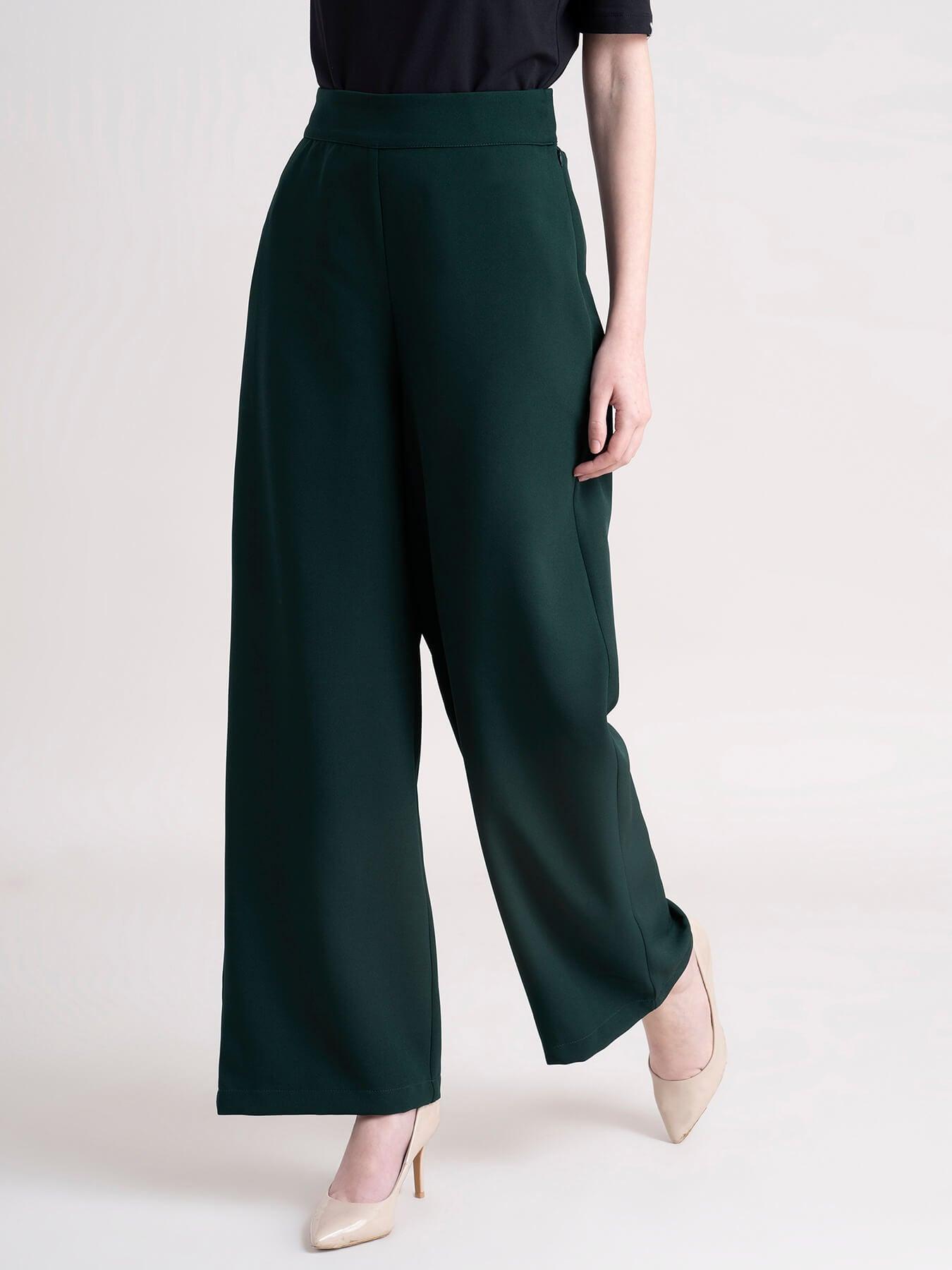 Elasticated Wide Leg Trouser - Bottle Green| Formal Trousers