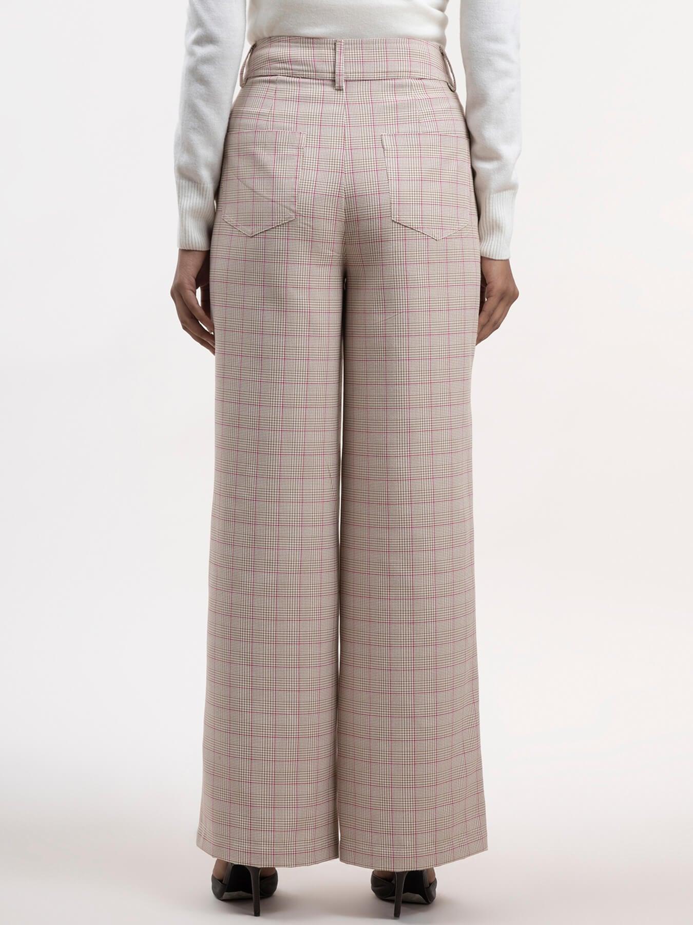 Check Wide Legged Trousers - Beige| Formal Trousers