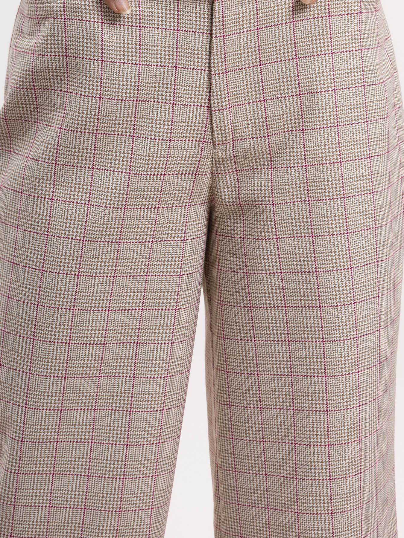 Check Wide Legged Trousers - Beige| Formal Trousers