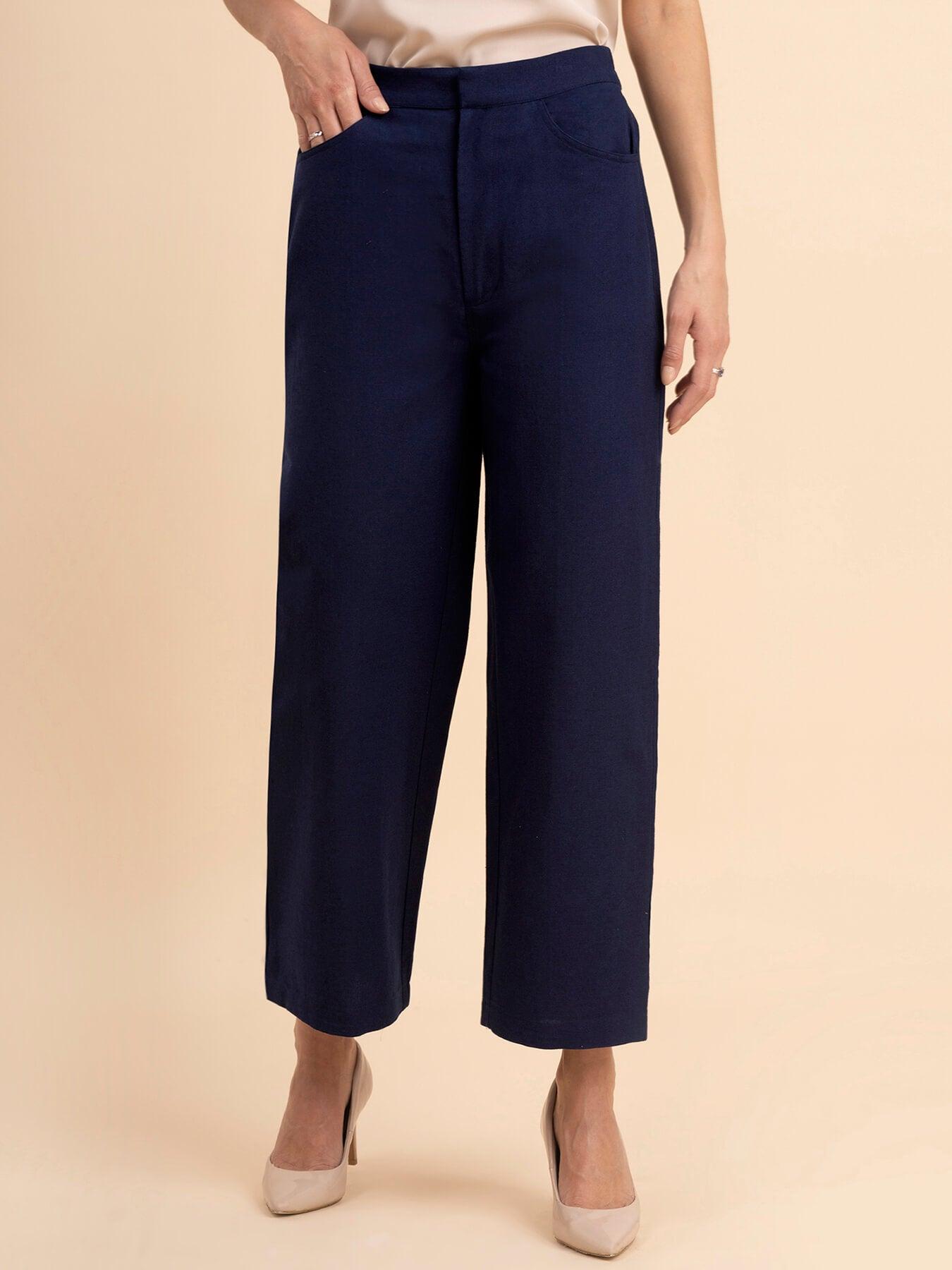 Linen Wide-Leg Trousers - Navy Blue| Formal Trousers