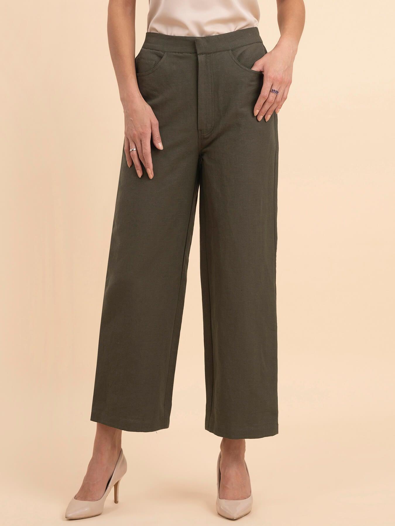 Linen Wide-Leg Trousers - Olive Green| Formal Trousers
