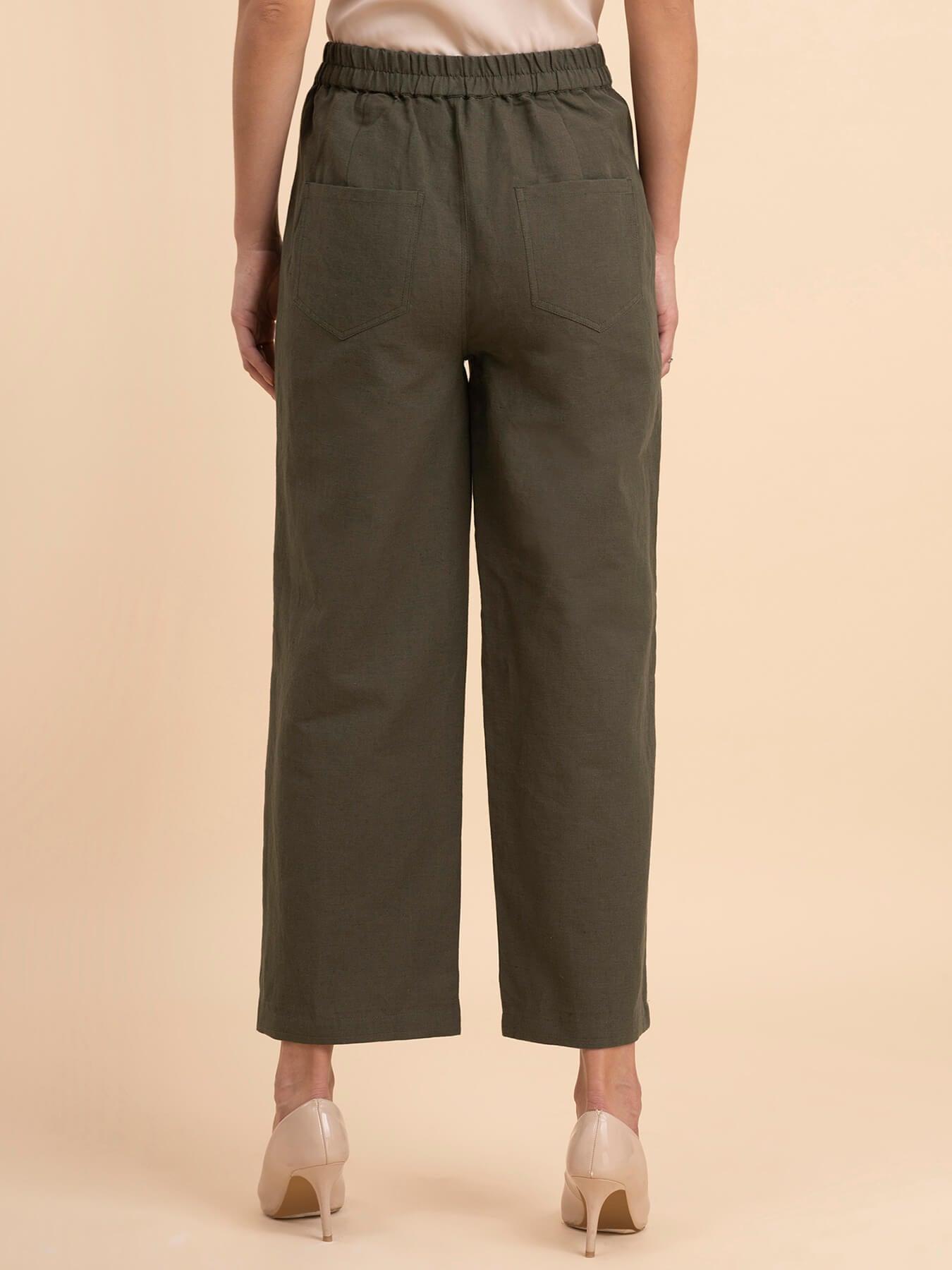 Linen Wide-Leg Trousers - Olive Green| Formal Trousers