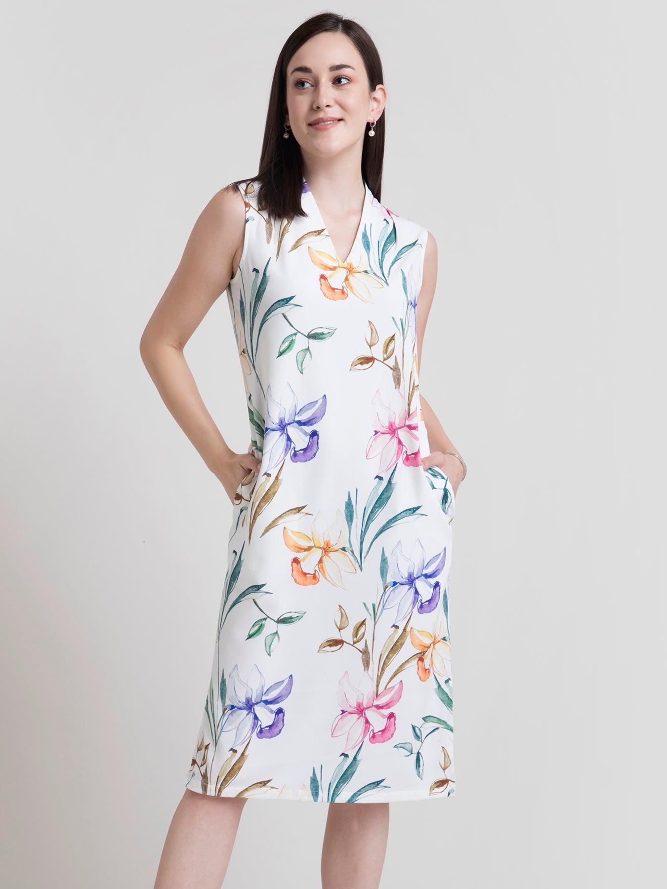 V Neck Floral Shift Dress - White and Yellow| Formal Dresses