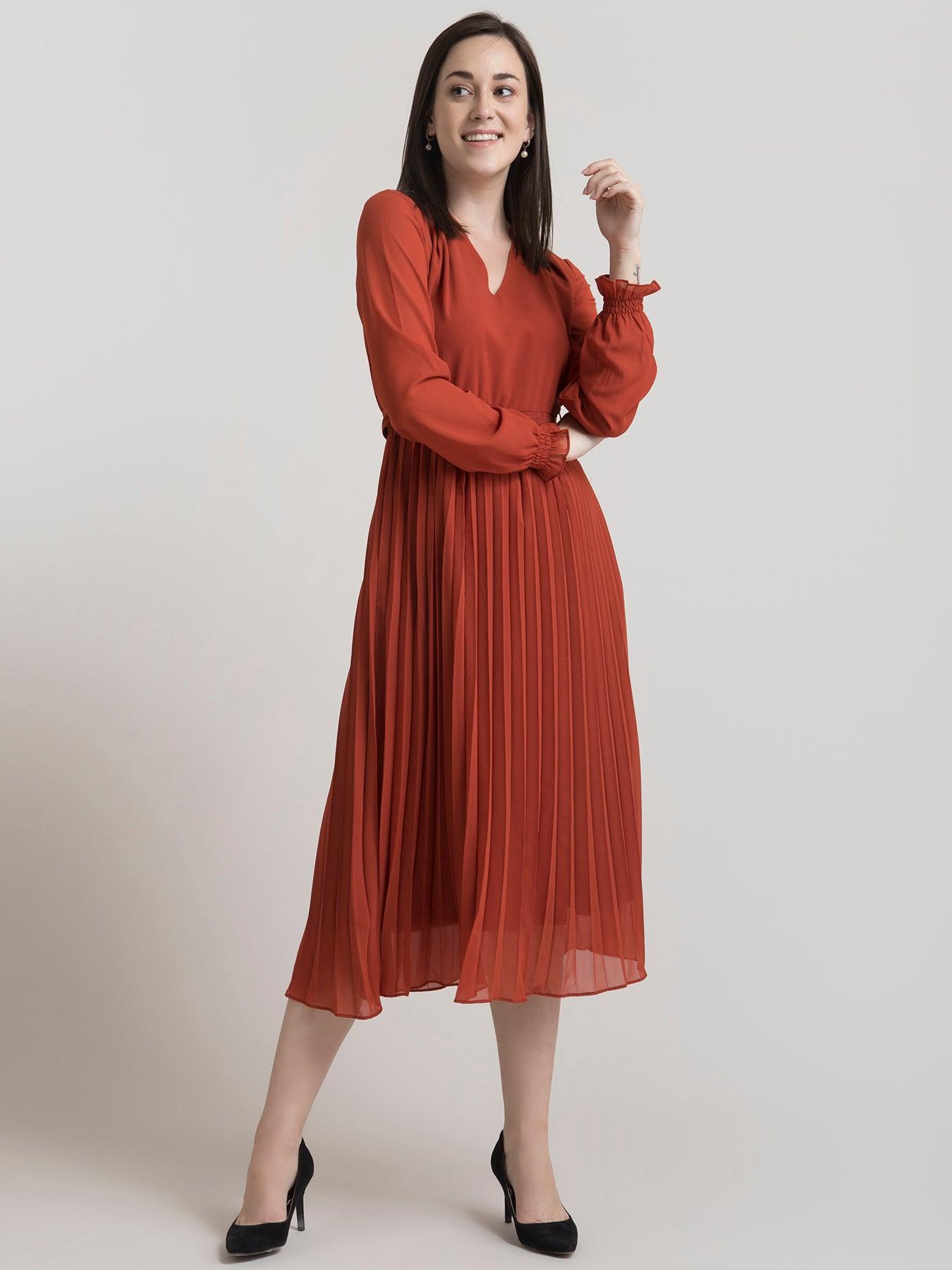 V Neck Pleated Fit and Flare Dress - Rust| Formal Dresses