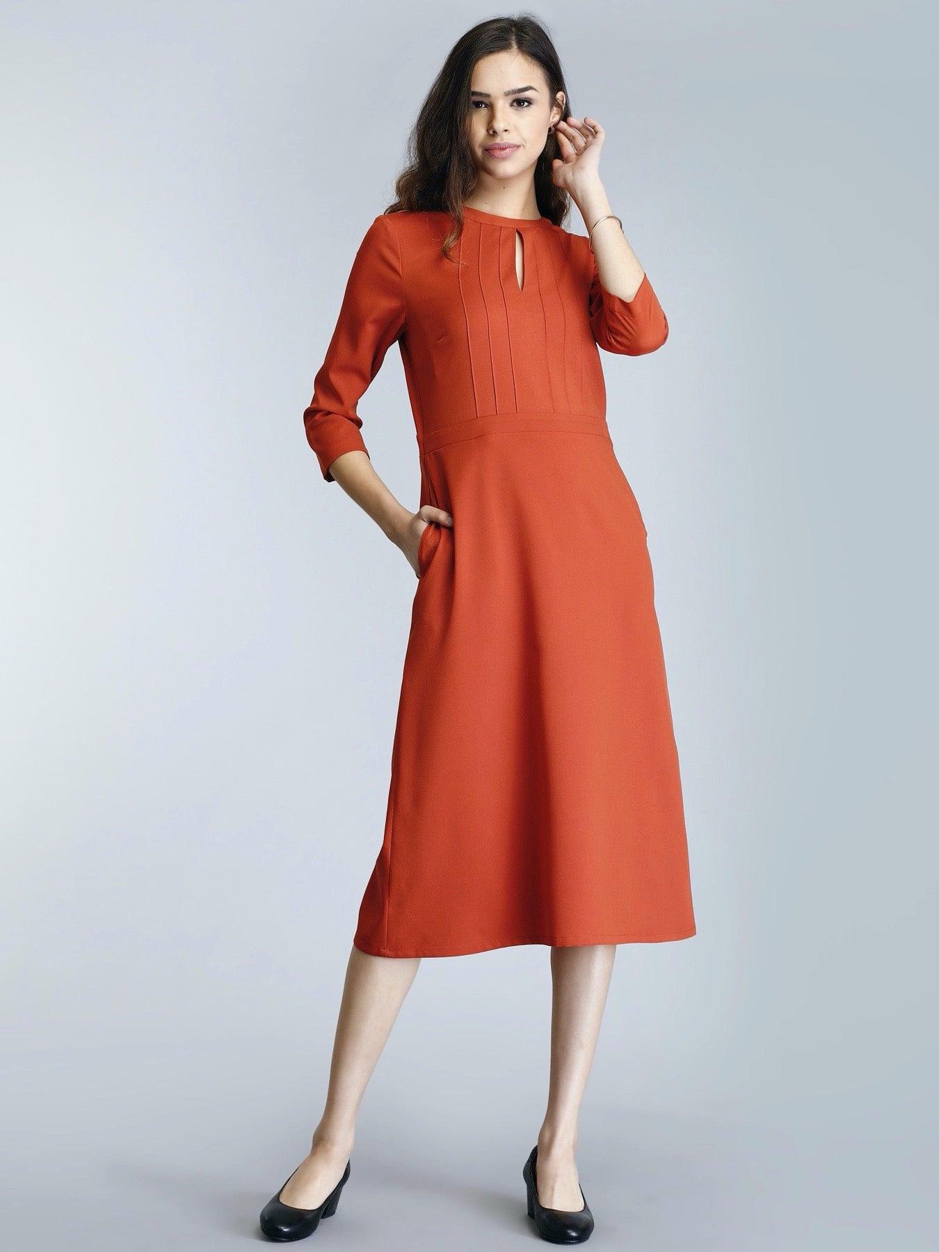 A Line Midi Dress With Pintucks - Rust| Formal Dresses