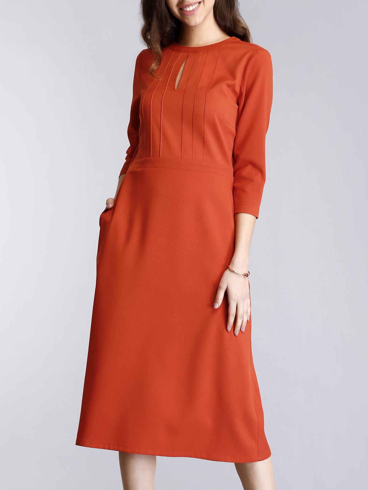 A Line Midi Dress With Pintucks - Rust| Formal Dresses