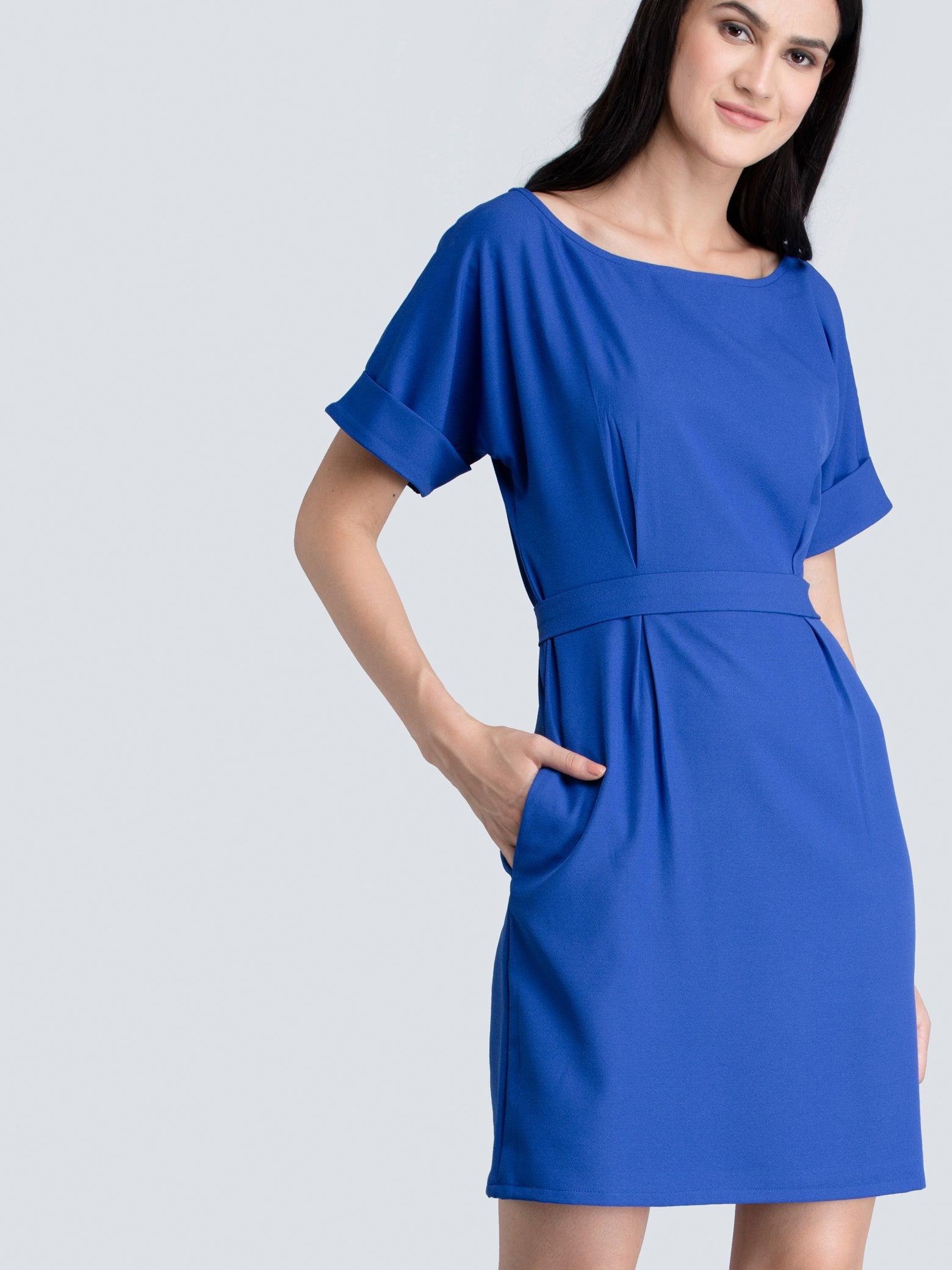 Boat Neck Drop Shoulder Faux Belt Detail Dress - Blue| Formal Dresses