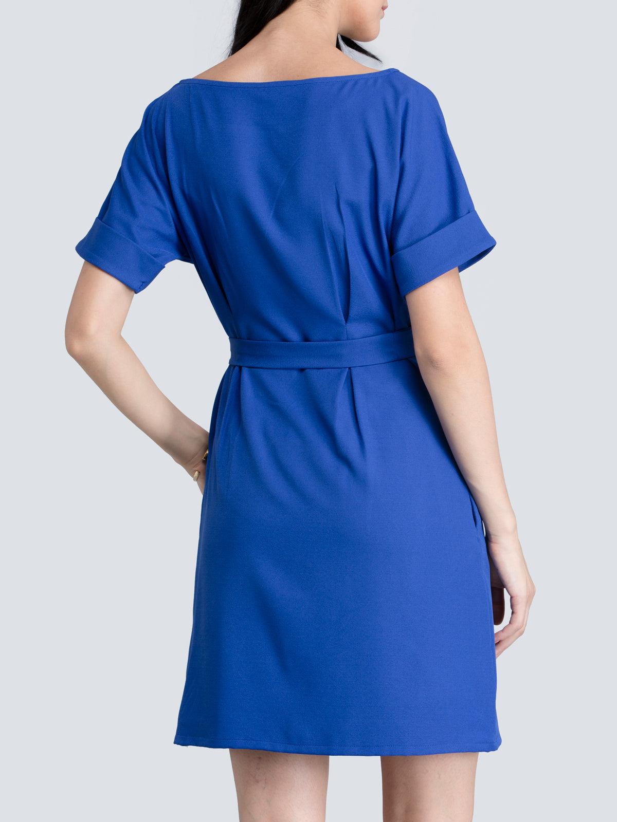 Boat Neck Drop Shoulder Faux Belt Detail Dress - Blue| Formal Dresses