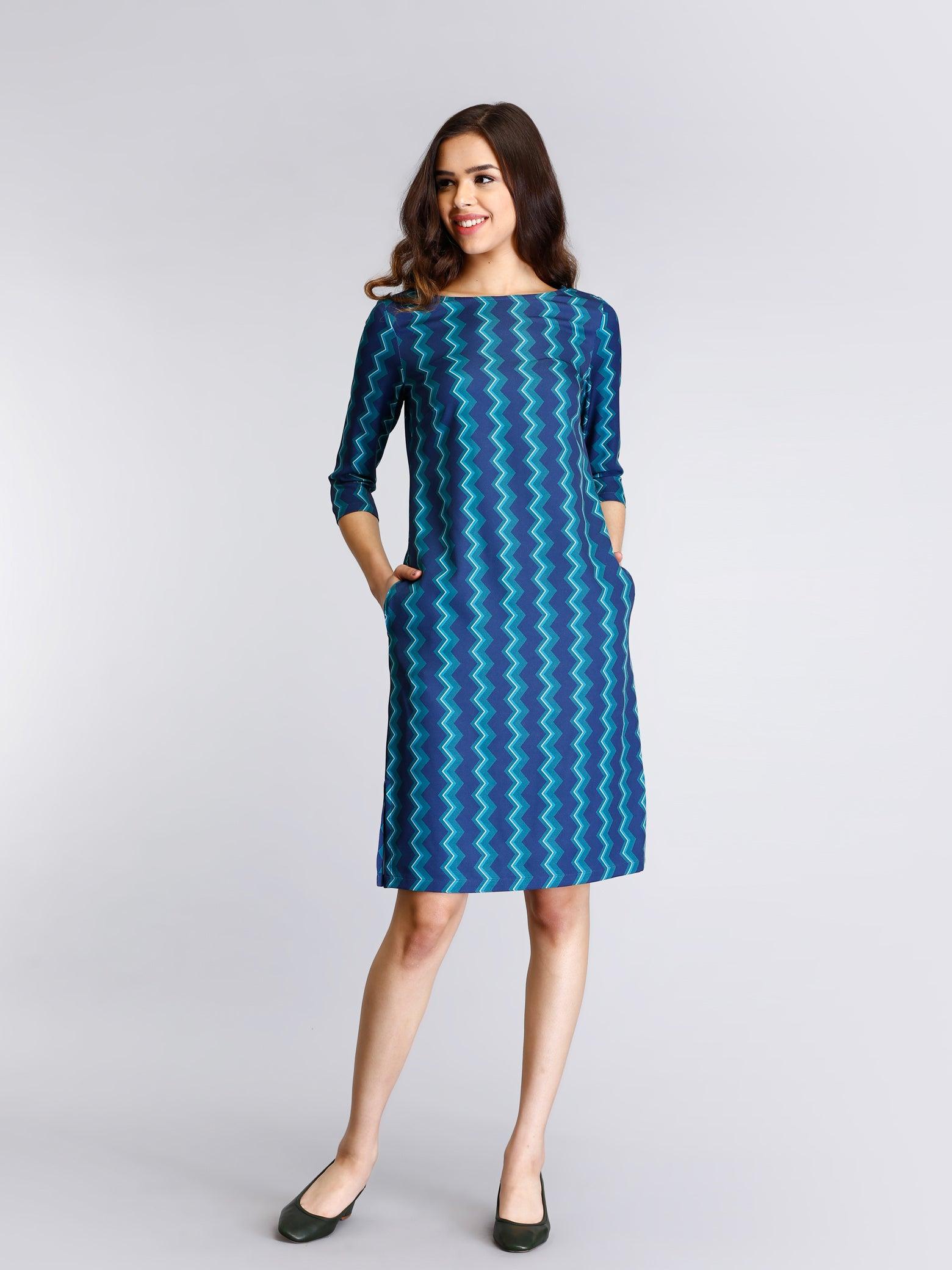 Boat Neck Geometric Print Shift Dress - Blue and Green| Formal Dresses