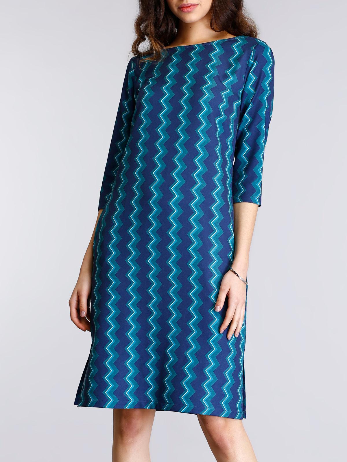 Boat Neck Geometric Print Shift Dress - Blue and Green| Formal Dresses