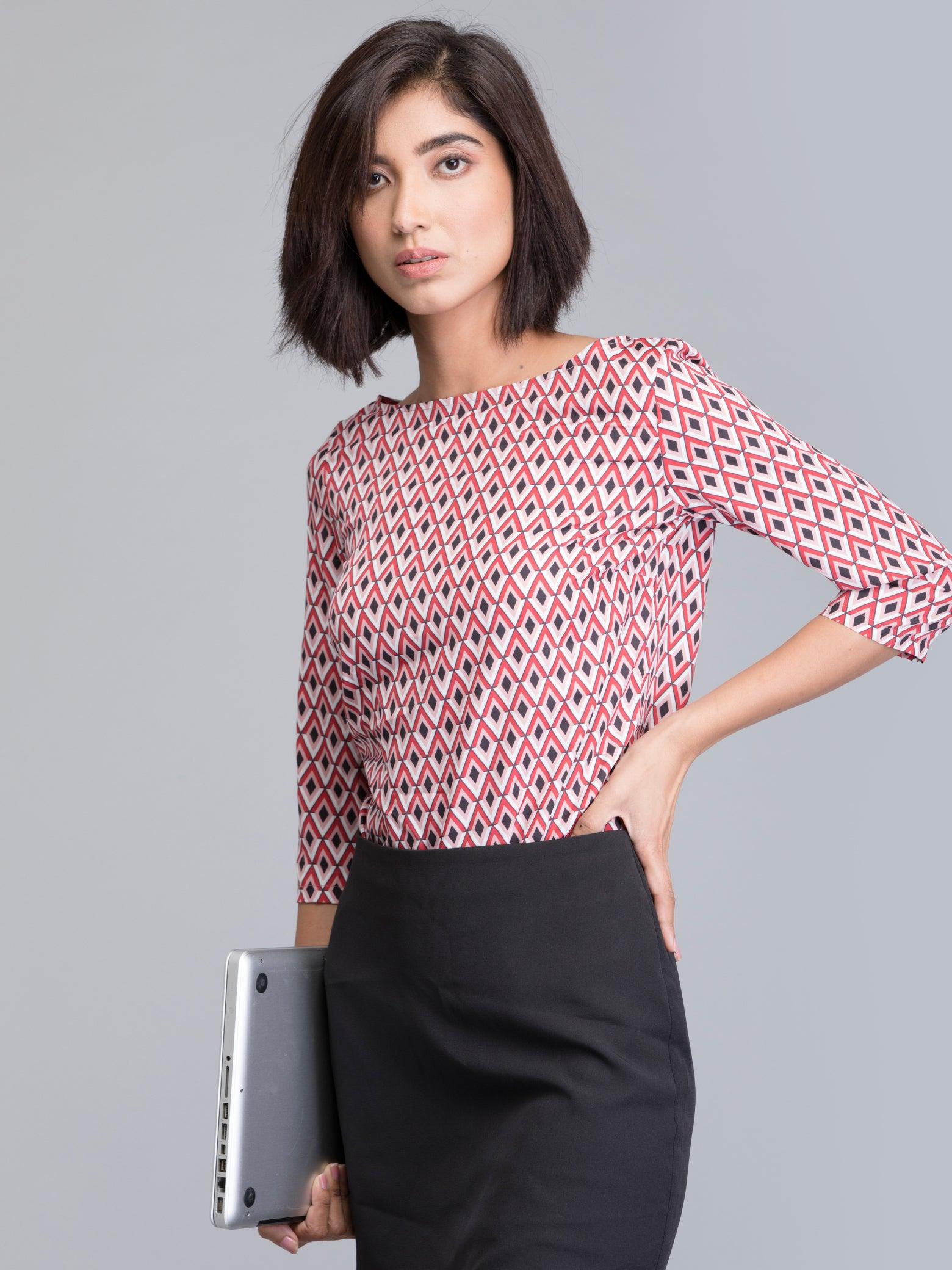 Boat Neck Geometric Print Top - Red| Formal Tops