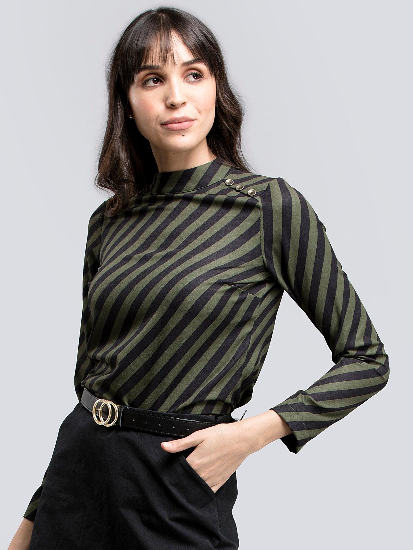 Button Detail Striped Top - Black and Olive| Formal Tops
