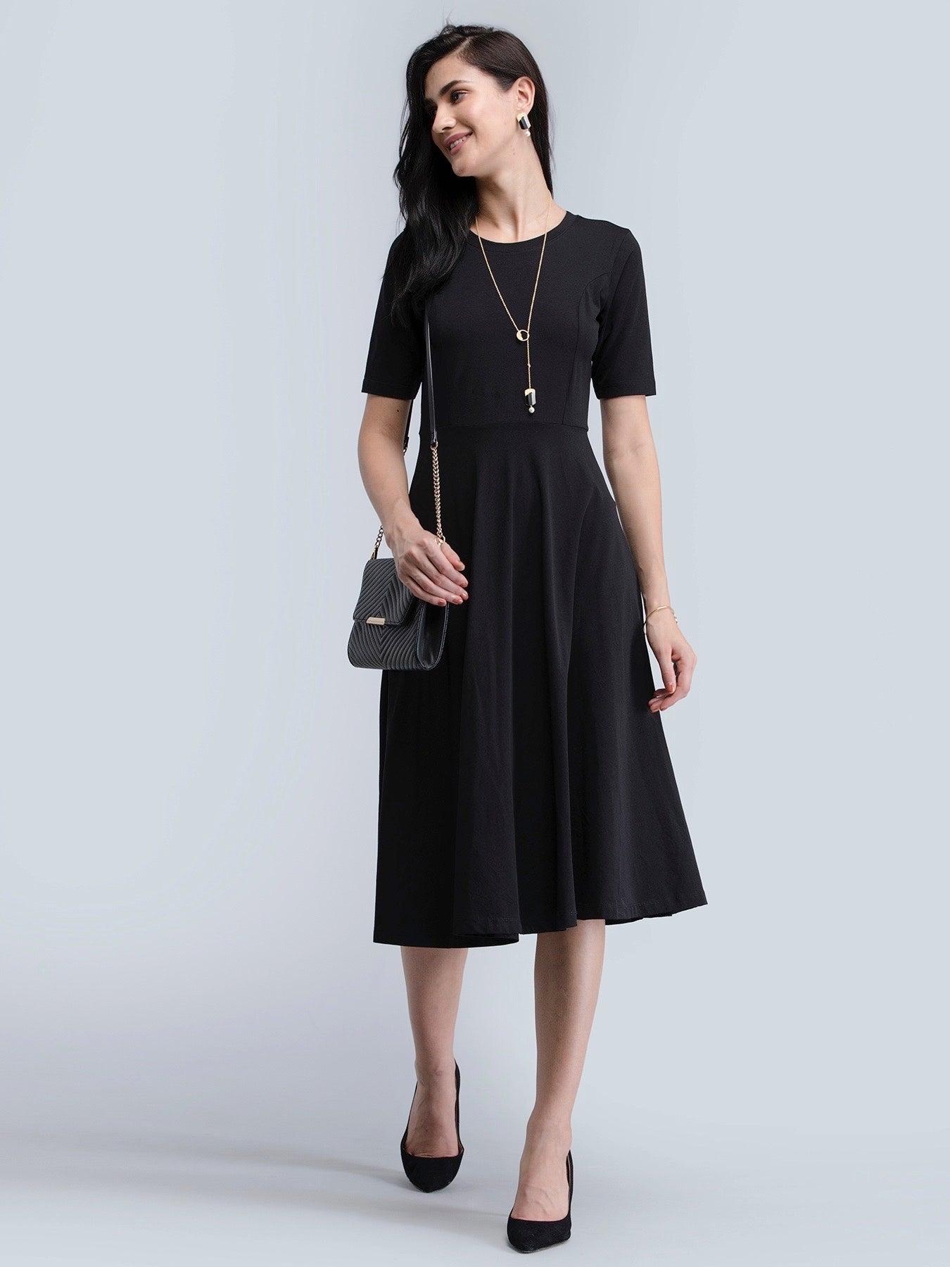 Cotton Round Neck Knitted Fit And Flare Dress - Black| Formal Dresses