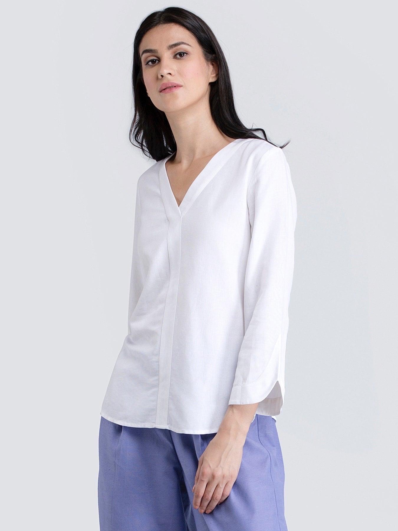Cotton V Neck Top With Stylish Sleeves - White| Formal Tops