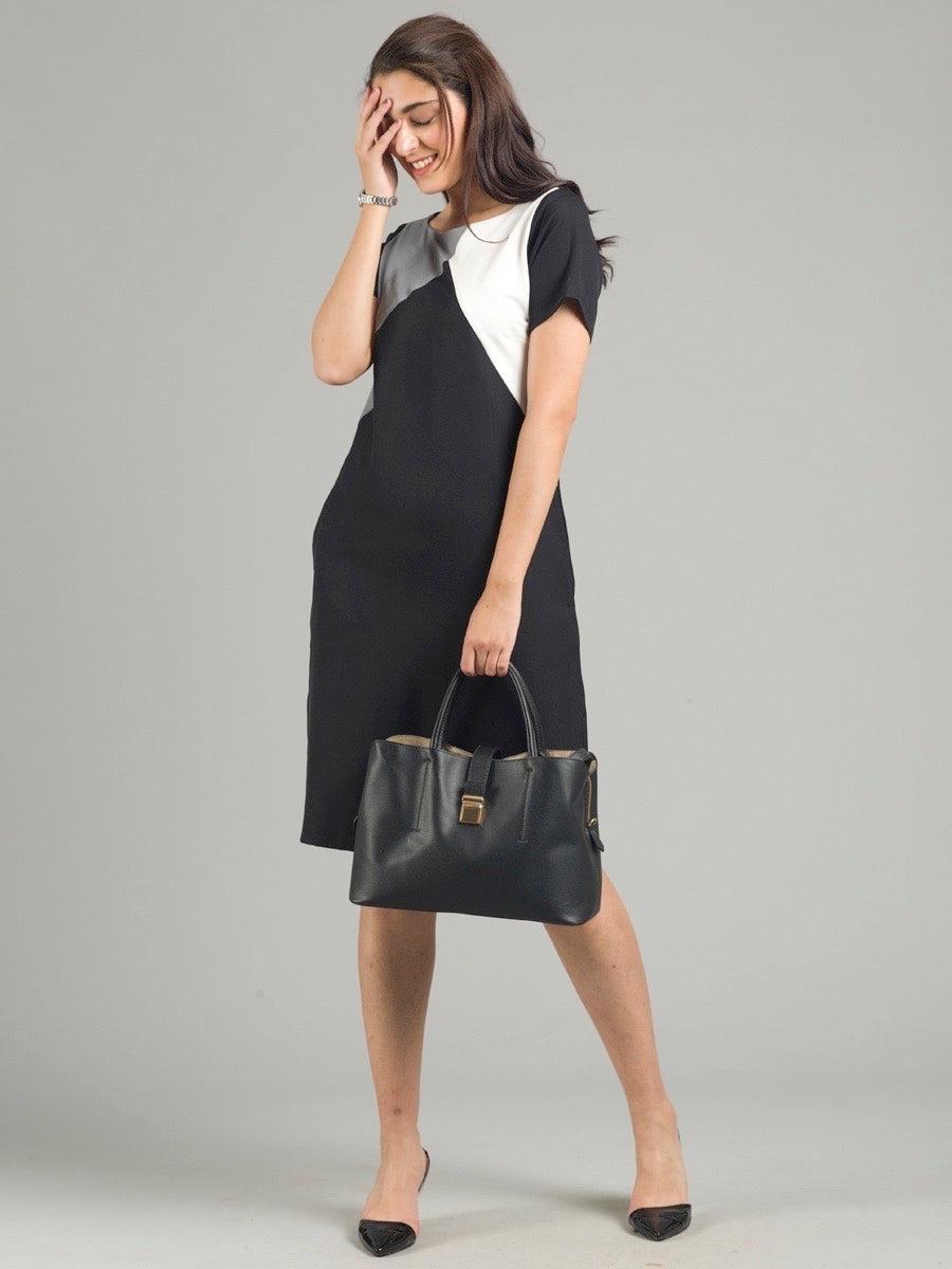 Tri-Colour Colour Block Dress - Black, Grey & White| Formal Dresses
