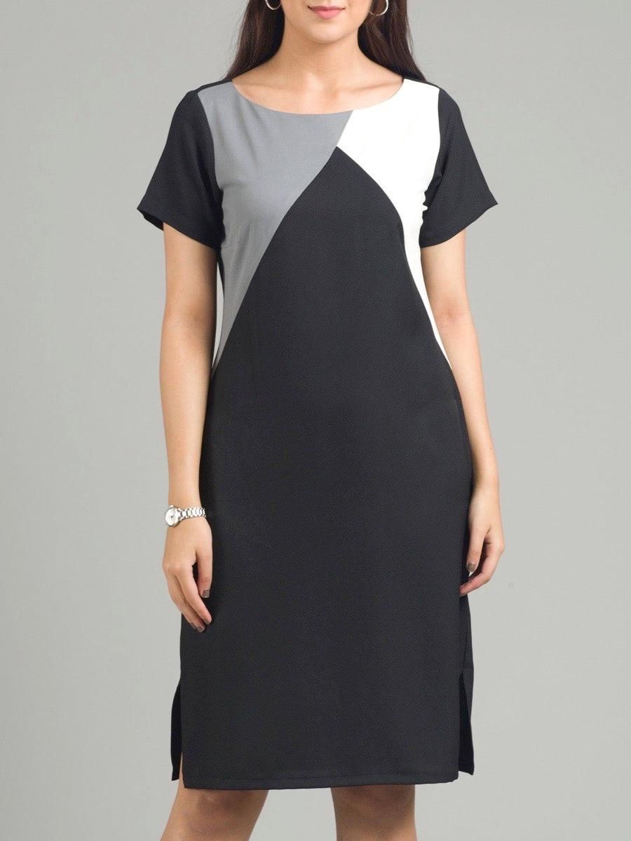 Tri-Colour Colour Block Dress - Black, Grey & White| Formal Dresses