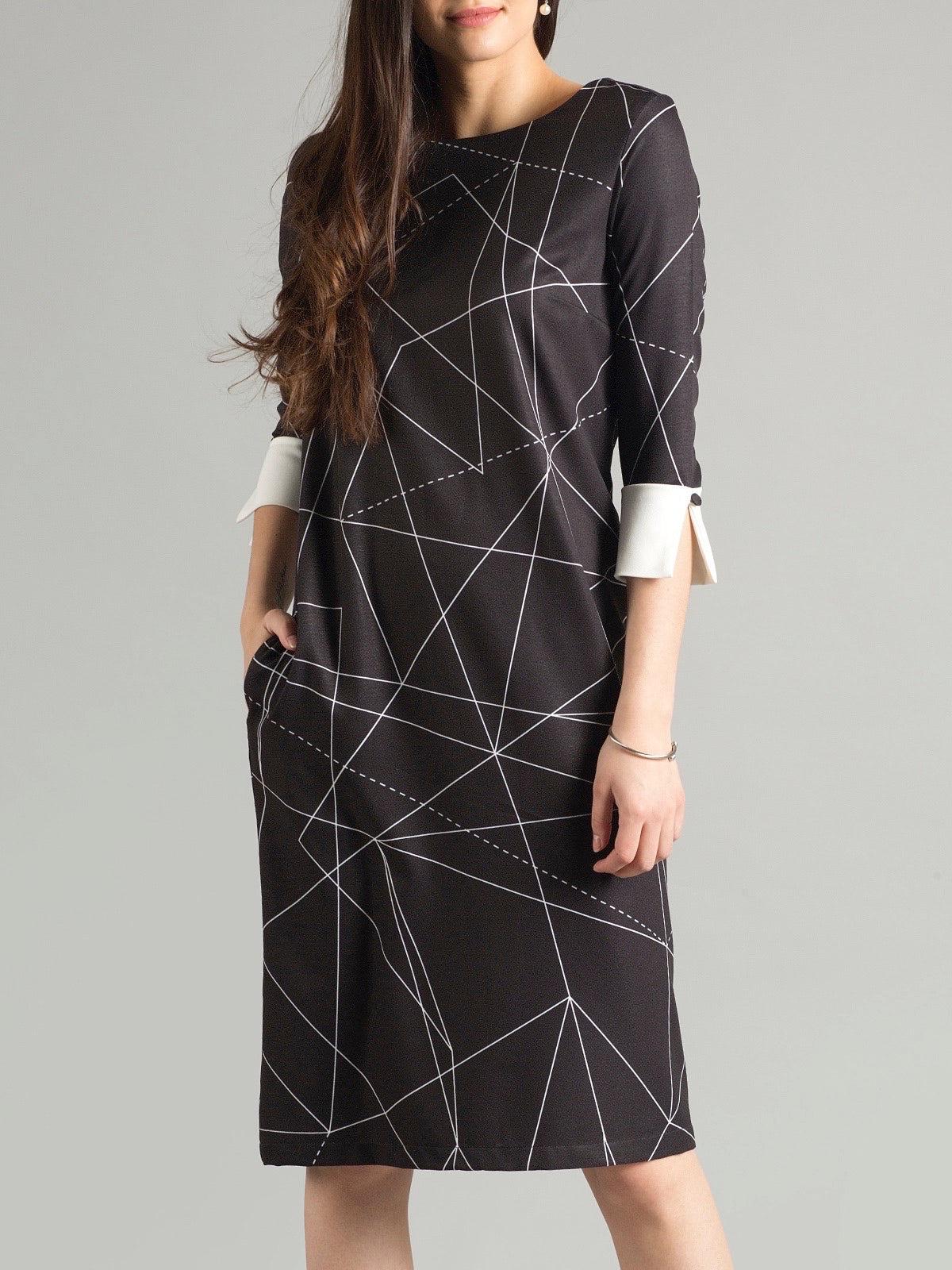 Quarter Sleeve Geometric Print Shift Dress - Black & White| Formal Dresses