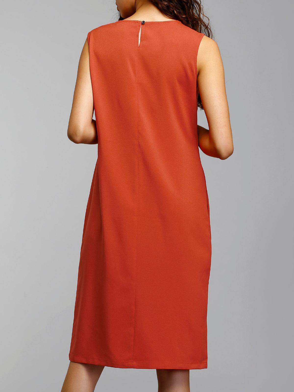 Round Neck Knee Length Shift Dress - Rust| Formal Dresses