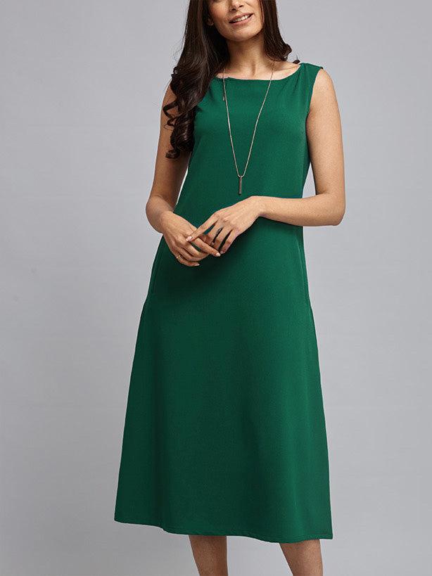 Boat Neck Side Keyhole A-Line Midi Dress -Dark Green| Formal Dresses
