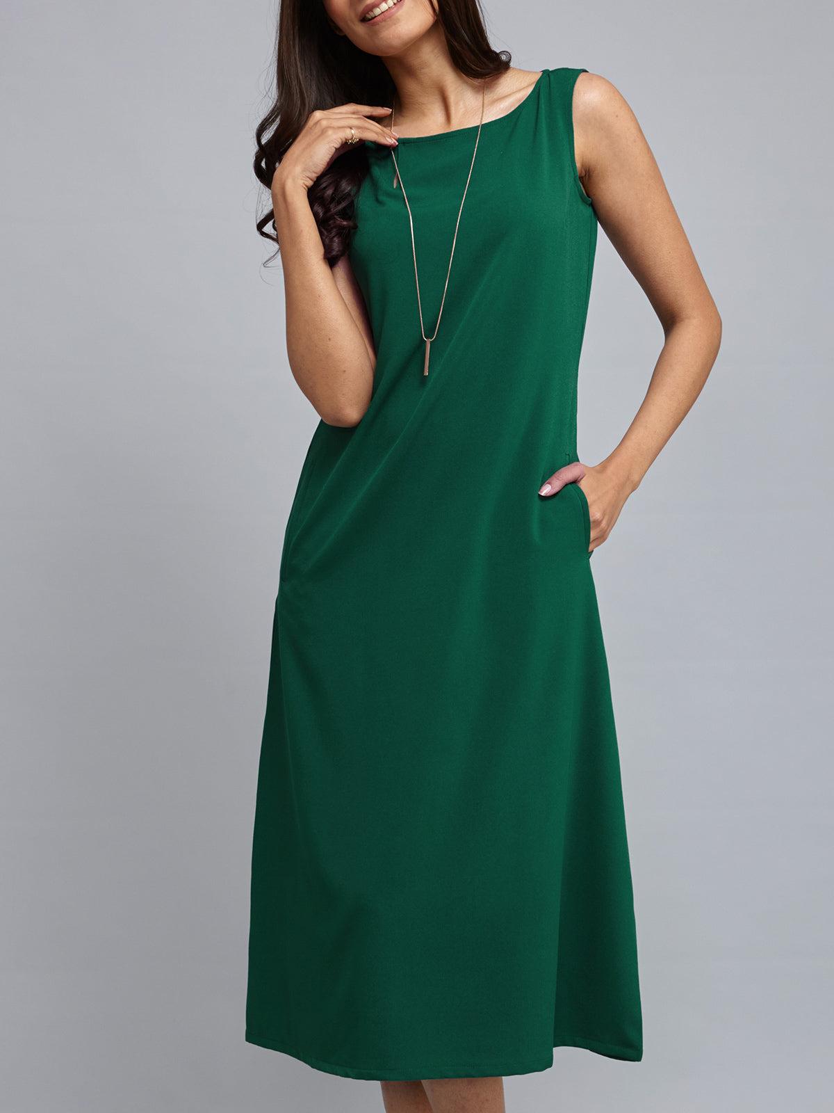 Boat Neck Side Keyhole A-Line Midi Dress -Dark Green| Formal Dresses