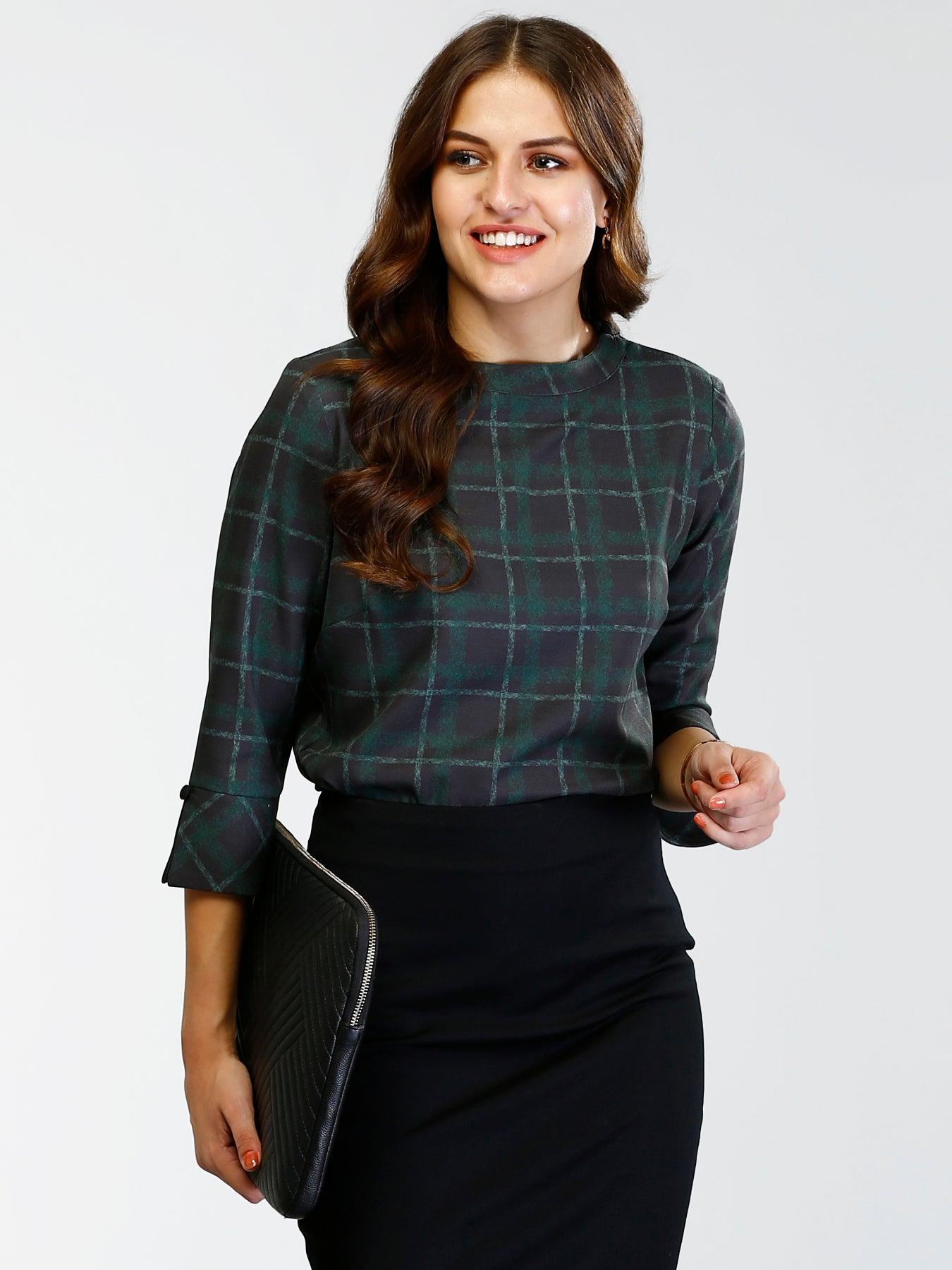 High Round Neck Printed Plaid Top - Black and Green| Formal Tops