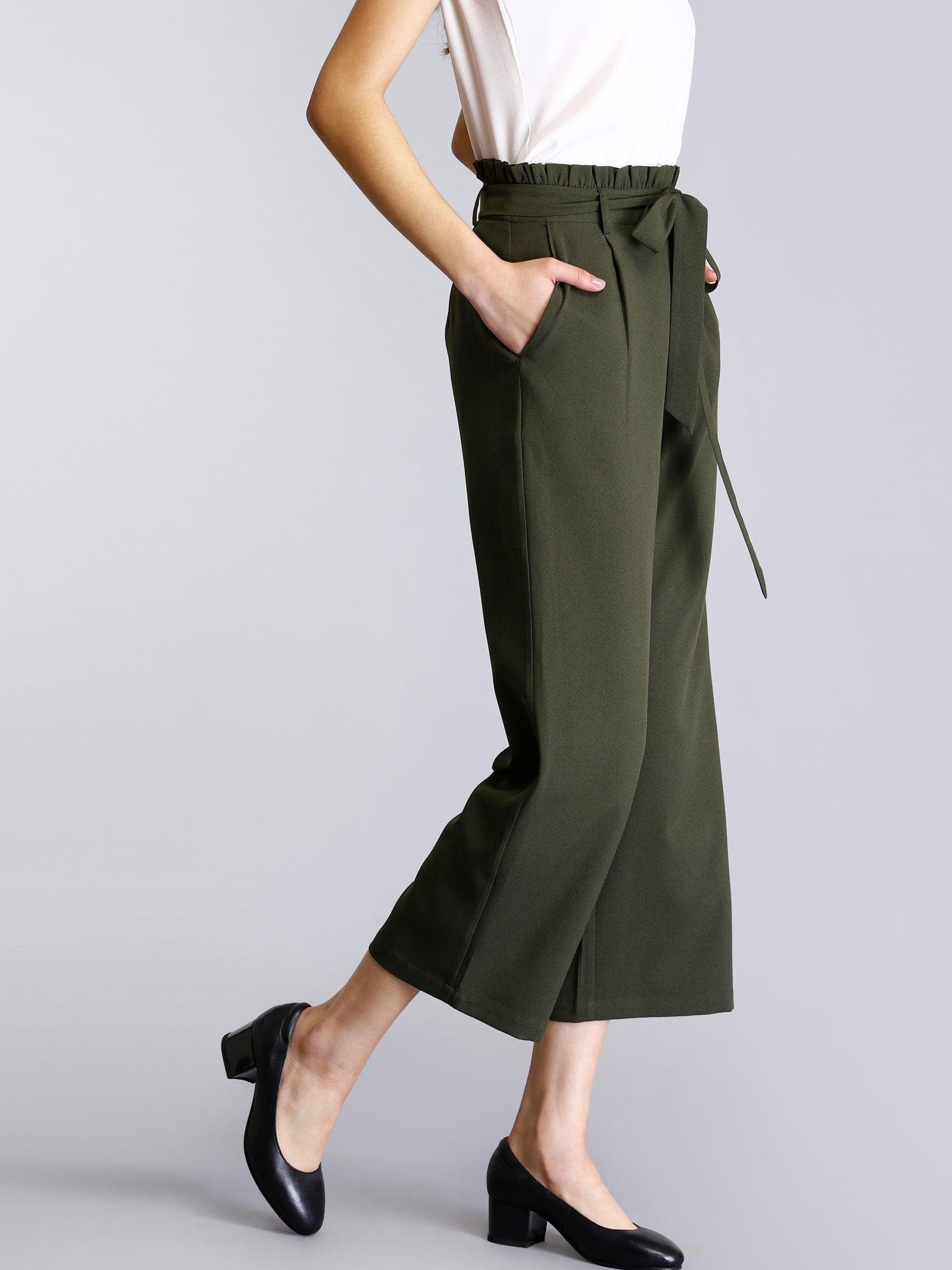 Paperbag Waist Tie Up Pants - Olive| Formal Trousers