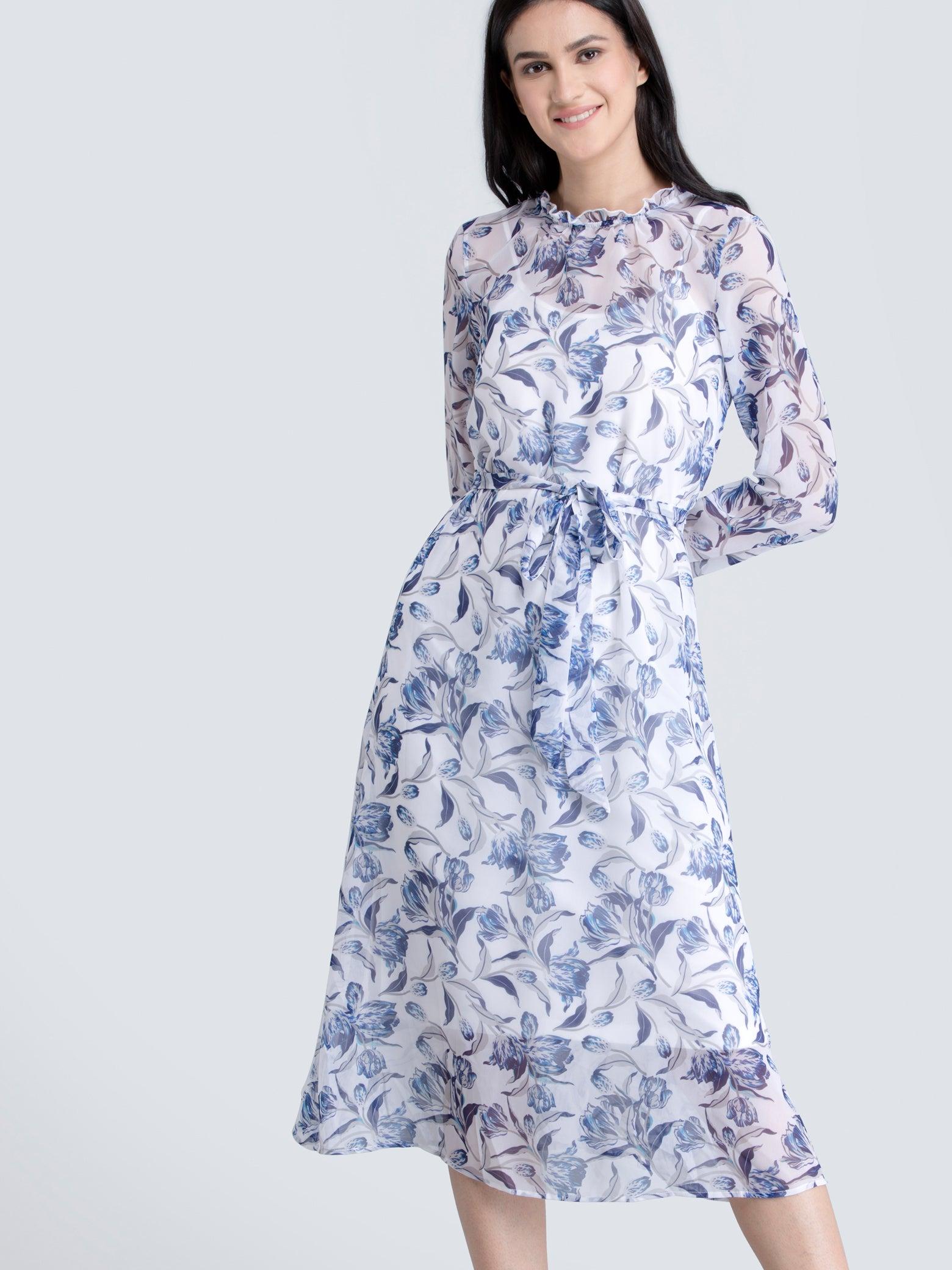 Ruffle Detail Floral Sheer Dress With Tie Up - Blue| Formal Dresses