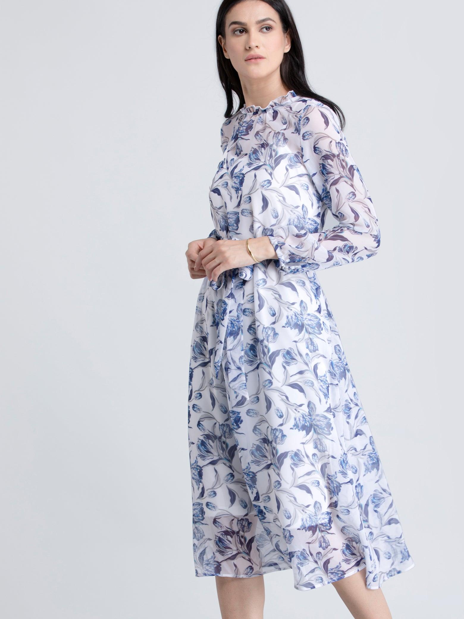 Ruffle Detail Floral Sheer Dress With Tie Up - Blue| Formal Dresses