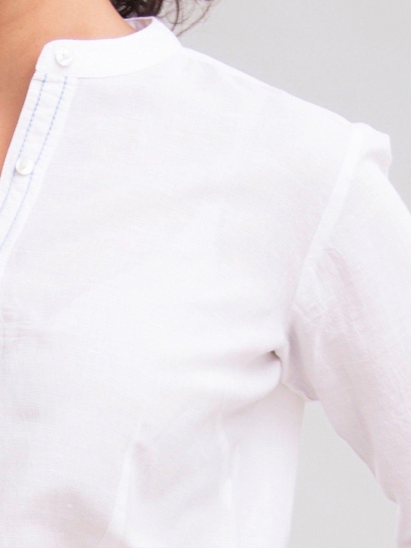 Mandarin Collared Linen Shirt - White| Formal Shirts