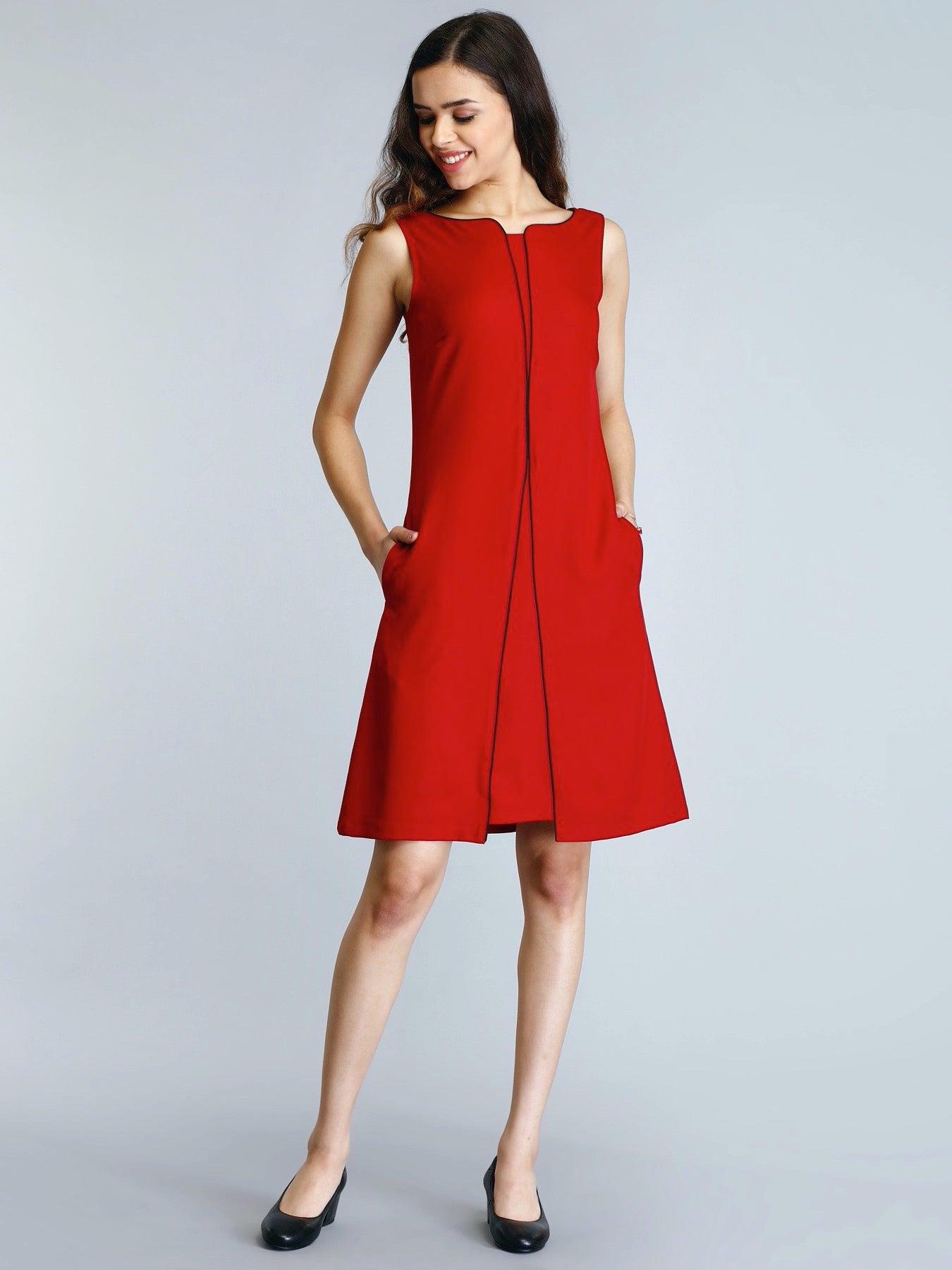 Stylised Neck Piping Detail Shift Dress - Red| Formal Dresses