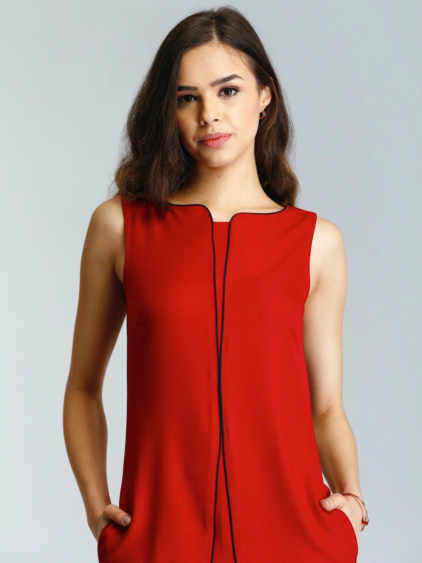 Stylised Neck Piping Detail Shift Dress - Red| Formal Dresses