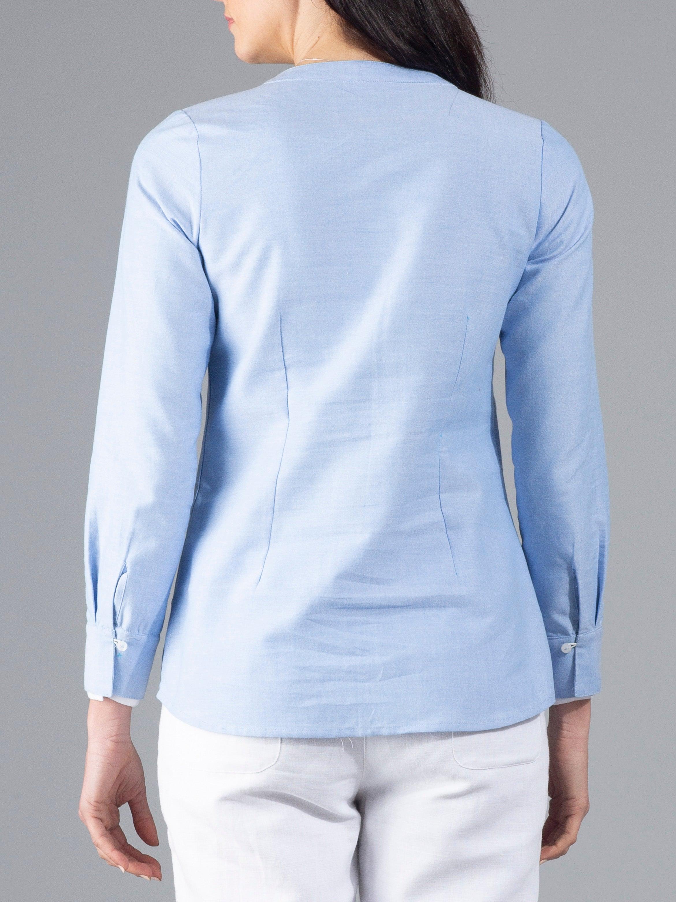 Mandarin Collar Layered Cuff Full Sleeve Top - Blue| Formal Tops