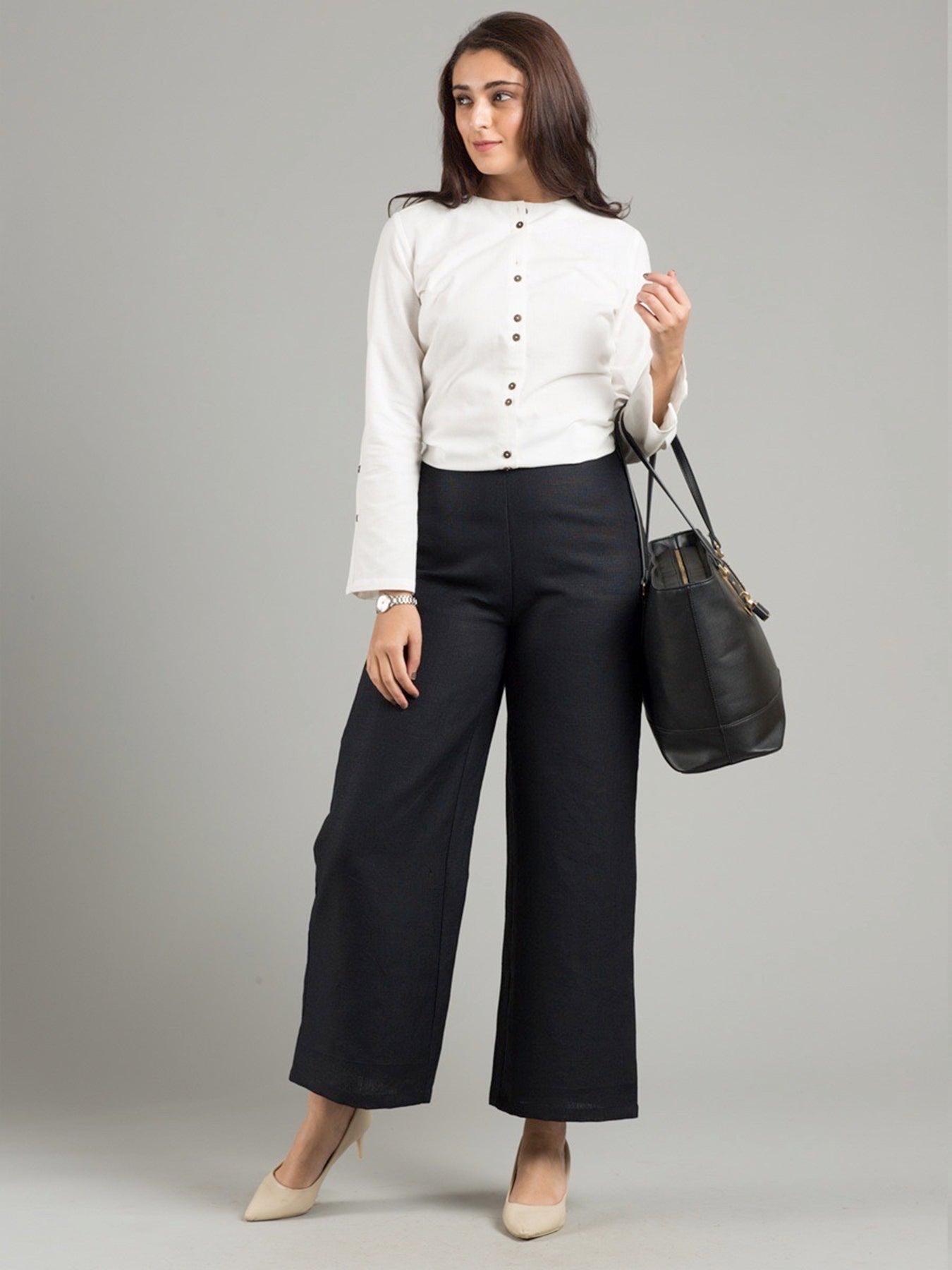 Linen Wide Leg Culottes With Belt - Black| Formal Trousers